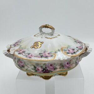 Haviland France Hand Painted Covered Vegetable Dish Rose Gold "S" Monogram 1890s